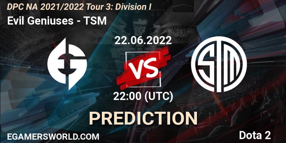 Evil Geniuses vs TSM: Betting TIp, Match Prediction. 22.06.2022 at 21:55. Dota 2, DPC NA 2021/2022 Tour 3: Division I