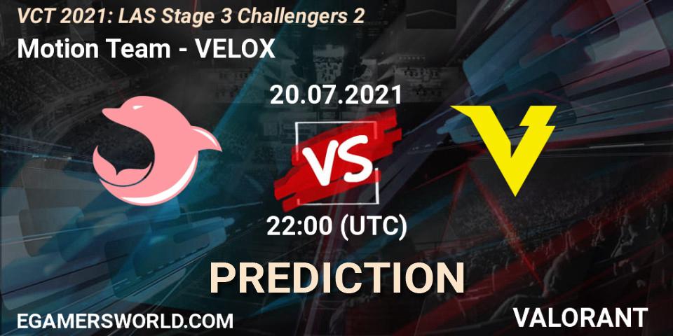 Motion Team vs VELOX: Betting TIp, Match Prediction. 20.07.2021 at 22:00. VALORANT, VCT 2021: LAS Stage 3 Challengers 2