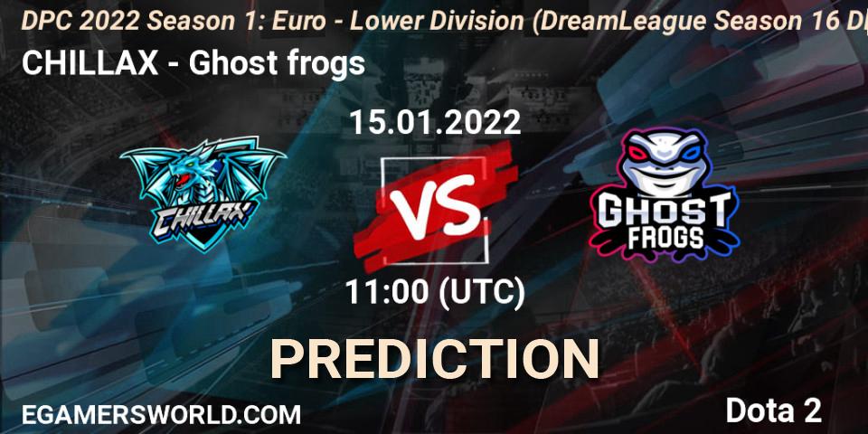 CHILLAX vs Ghost frogs: Betting TIp, Match Prediction. 15.01.2022 at 10:55. Dota 2, DPC 2022 Season 1: Euro - Lower Division (DreamLeague Season 16 DPC WEU)