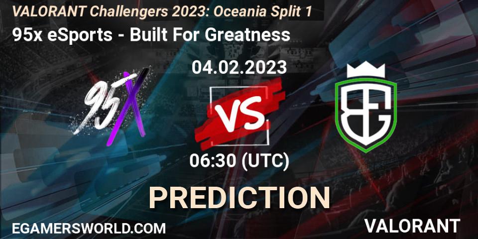 95x eSports vs Built For Greatness: Betting TIp, Match Prediction. 04.02.23. VALORANT, VALORANT Challengers 2023: Oceania Split 1