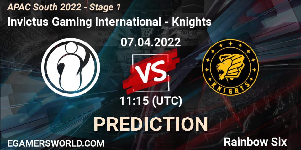 Invictus Gaming International vs Knights: Betting TIp, Match Prediction. 07.04.2022 at 11:15. Rainbow Six, APAC South 2022 - Stage 1