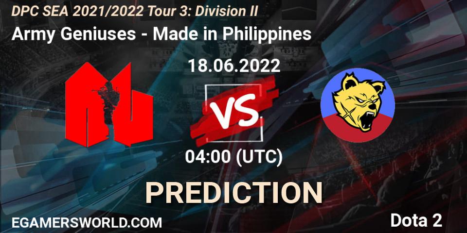 Army Geniuses vs Made in Philippines: Betting TIp, Match Prediction. 18.06.2022 at 04:07. Dota 2, DPC SEA 2021/2022 Tour 3: Division II