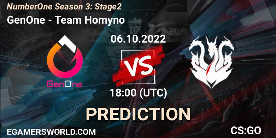 GenOne vs Team Homyno: Betting TIp, Match Prediction. 06.10.2022 at 18:00. Counter-Strike (CS2), NumberOne Season 3: Stage 2