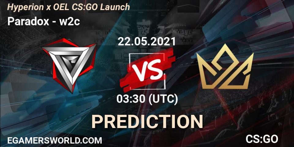 Paradox vs w2c: Betting TIp, Match Prediction. 22.05.2021 at 01:30. Counter-Strike (CS2), Hyperion x OEL CS:GO Launch