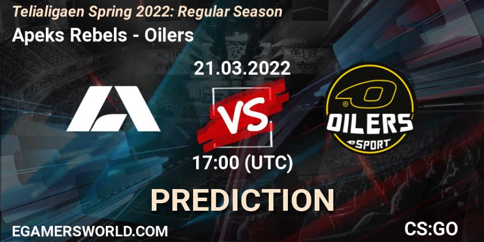Apeks Rebels vs Oilers: Betting TIp, Match Prediction. 21.03.2022 at 17:00. Counter-Strike (CS2), Telialigaen Spring 2022: Regular Season