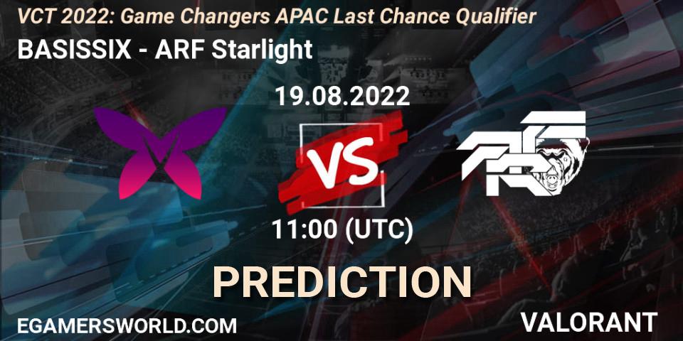 BASISSIX vs ARF Starlight: Betting TIp, Match Prediction. 19.08.2022 at 11:00. VALORANT, VCT 2022: Game Changers APAC Last Chance Qualifier
