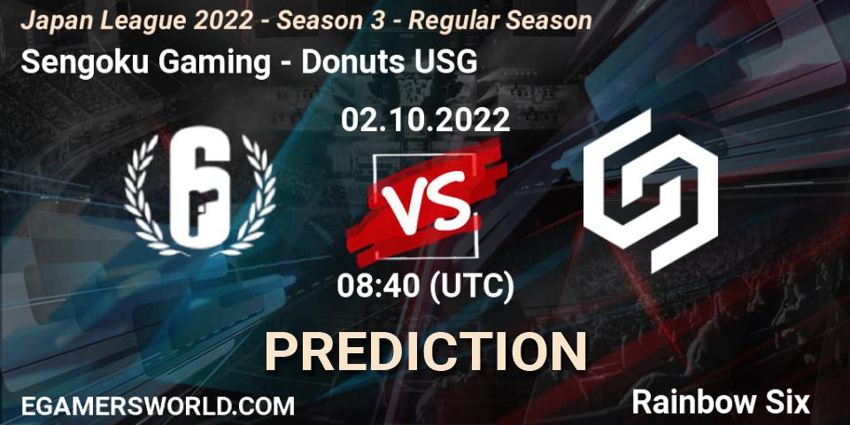 Sengoku Gaming vs Donuts USG: Betting TIp, Match Prediction. 02.10.2022 at 08:40. Rainbow Six, Japan League 2022 - Season 3 - Regular Season