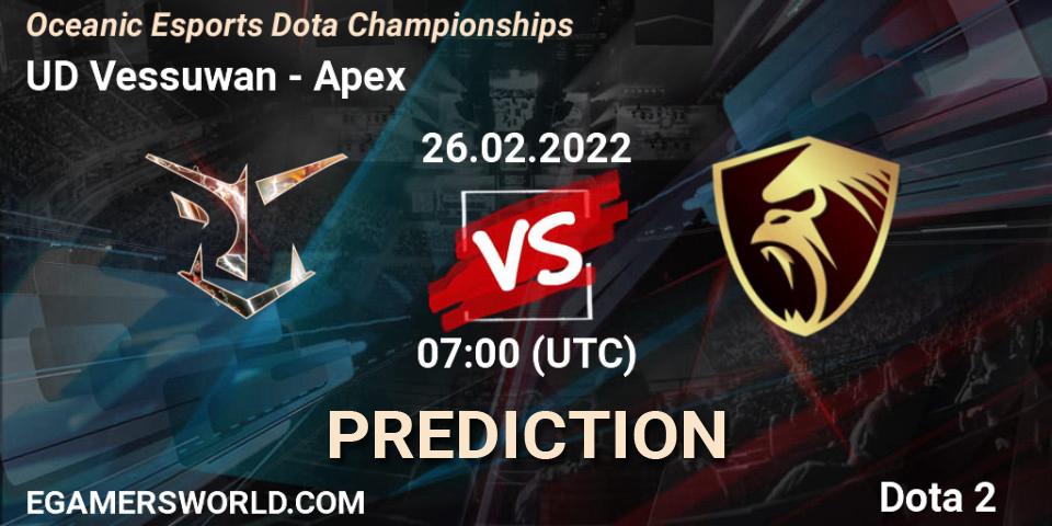 UD Vessuwan vs Apex: Betting TIp, Match Prediction. 26.02.2022 at 07:22. Dota 2, Oceanic Esports Dota Championships