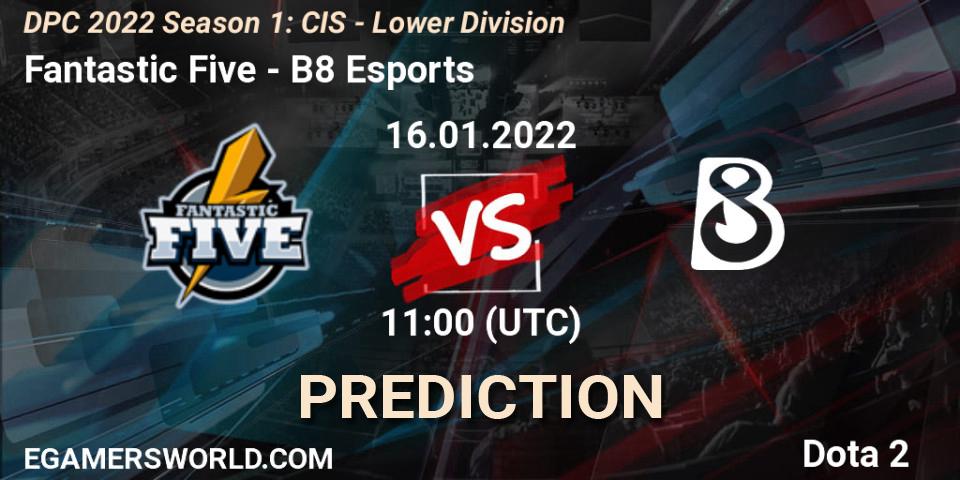 Fantastic Five vs B8 Esports: Betting TIp, Match Prediction. 16.01.2022 at 11:01. Dota 2, DPC 2022 Season 1: CIS - Lower Division