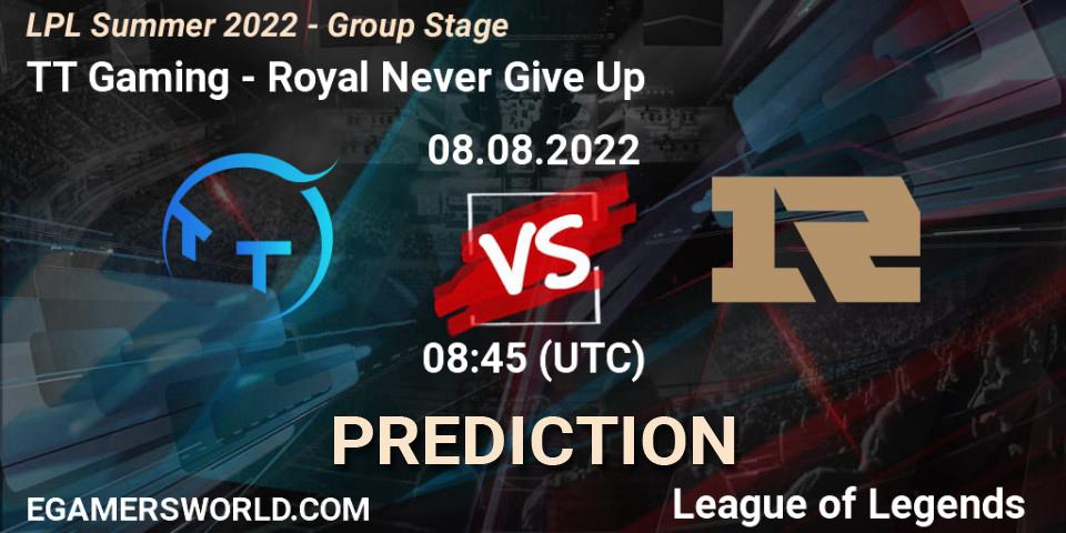 TT Gaming vs Royal Never Give Up: Betting TIp, Match Prediction. 08.08.22. LoL, LPL Summer 2022 - Group Stage