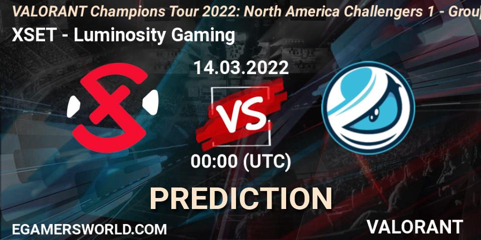 XSET vs Luminosity Gaming: Betting TIp, Match Prediction. 13.03.2022 at 00:00. VALORANT, VCT 2022: North America Challengers 1 - Group Stage