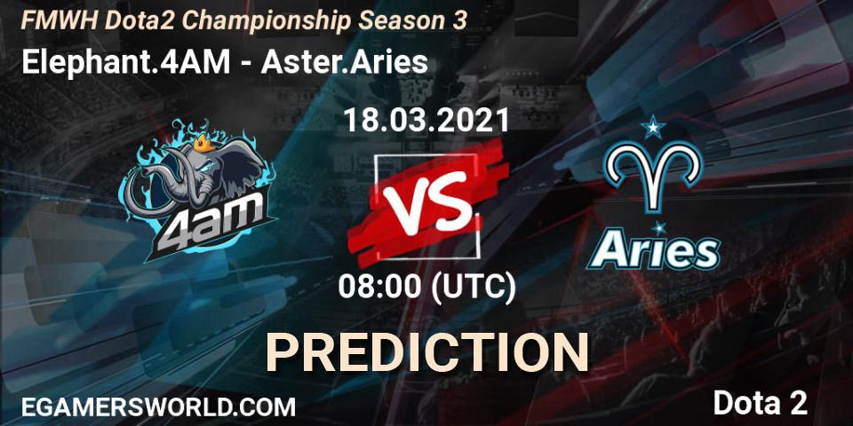 Elephant.4AM vs Aster.Aries: Betting TIp, Match Prediction. 18.03.2021 at 07:02. Dota 2, FMWH Dota2 Championship Season 3