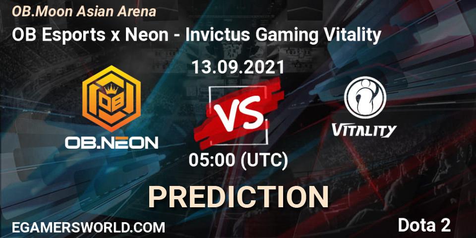 OB Esports x Neon vs Invictus Gaming Vitality: Betting TIp, Match Prediction. 13.09.2021 at 05:08. Dota 2, OB.Moon Asian Arena