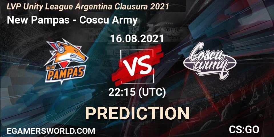 New Pampas vs Coscu Army: Betting TIp, Match Prediction. 23.08.2021 at 22:15. Counter-Strike (CS2), LVP Unity League Argentina Clausura 2021