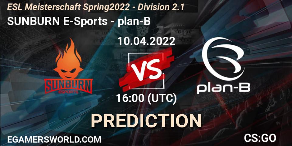 SUNBURN E-Sports vs plan-B: Betting TIp, Match Prediction. 10.04.22. CS2 (CS:GO), ESL Meisterschaft Spring 2022 - Division 2.1