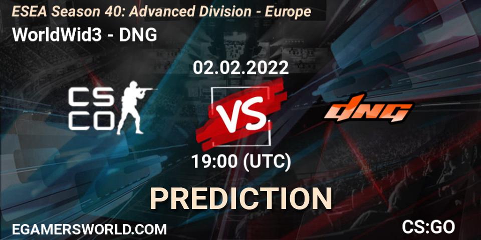 WorldWid3 vs DNG: Betting TIp, Match Prediction. 02.02.2022 at 19:00. Counter-Strike (CS2), ESEA Season 40: Advanced Division - Europe
