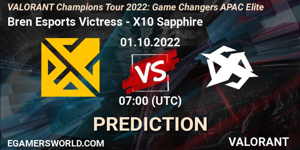 Bren Esports Victress vs X10 Sapphire: Betting TIp, Match Prediction. 01.10.2022 at 07:00. VALORANT, VCT 2022: Game Changers APAC Elite