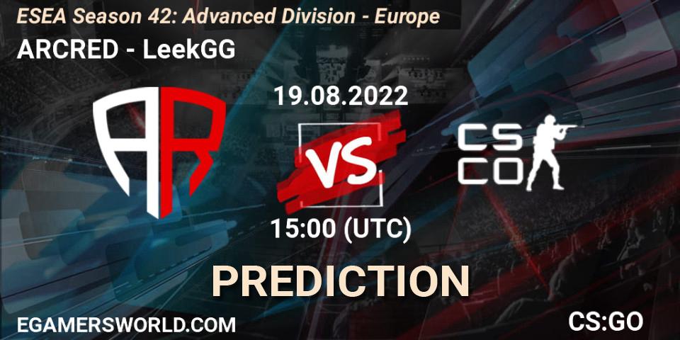 ARCRED vs LeekGG: Betting TIp, Match Prediction. 19.08.2022 at 15:00. Counter-Strike (CS2), ESEA Season 42: Advanced Division - Europe