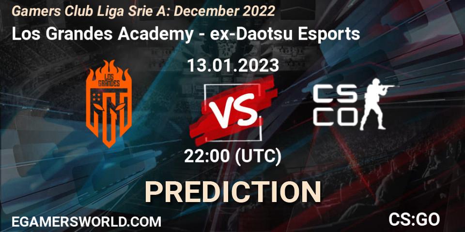 Los Grandes Academy vs ex-Daotsu Esports: Betting TIp, Match Prediction. 17.01.2023 at 19:00. Counter-Strike (CS2), Gamers Club Liga Série A: December 2022