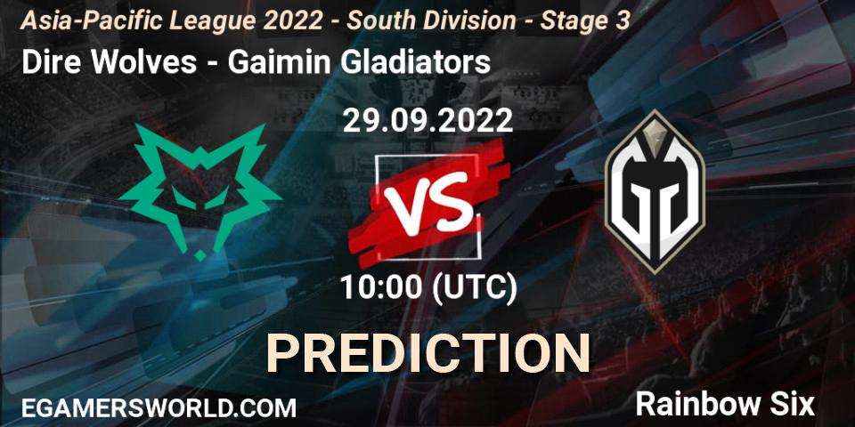 Dire Wolves vs Gaimin Gladiators: Betting TIp, Match Prediction. 29.09.2022 at 10:00. Rainbow Six, Asia-Pacific League 2022 - South Division - Stage 3