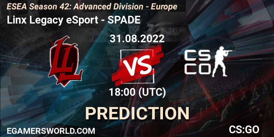 Linx Legacy eSport vs SPADE: Betting TIp, Match Prediction. 31.08.2022 at 18:00. Counter-Strike (CS2), ESEA Season 42: Advanced Division - Europe