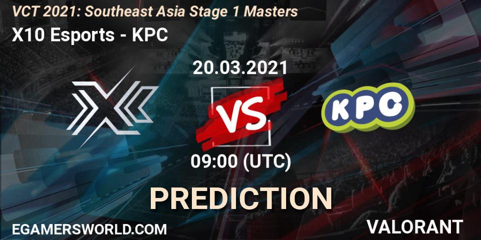 X10 Esports vs KPC: Betting TIp, Match Prediction. 20.03.2021 at 09:00. VALORANT, VCT 2021: Southeast Asia Stage 1 Masters