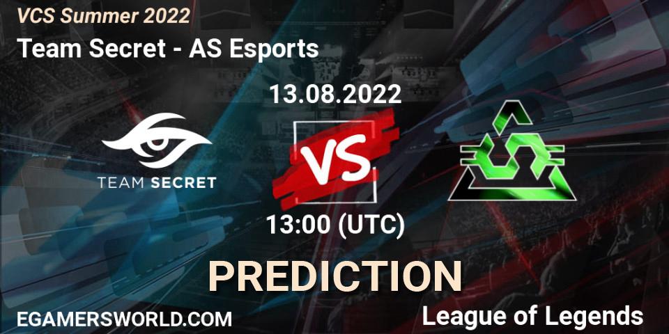 Team Secret vs AS Esports: Betting TIp, Match Prediction. 13.08.2022 at 13:00. LoL, VCS Summer 2022