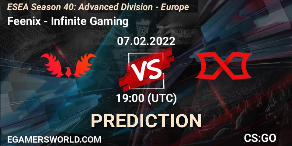 Feenix vs Infinite Gaming: Betting TIp, Match Prediction. 07.02.2022 at 19:00. Counter-Strike (CS2), ESEA Season 40: Advanced Division - Europe