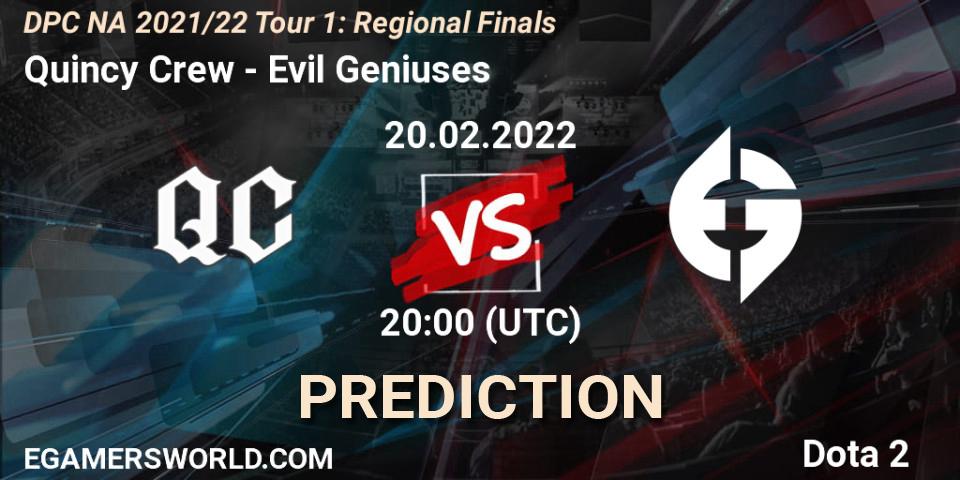 Quincy Crew vs Evil Geniuses: Betting TIp, Match Prediction. 20.02.2022 at 19:55. Dota 2, DPC NA 2021/22 Tour 1: Regional Finals