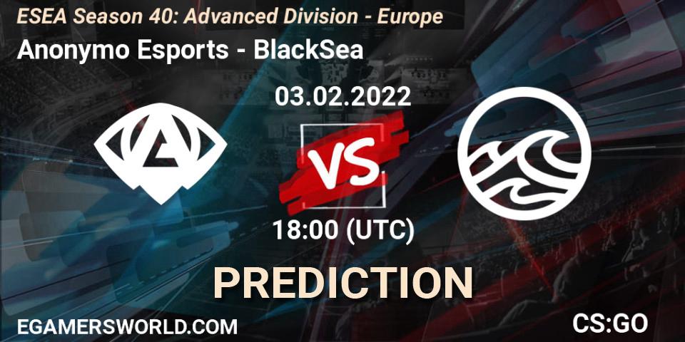 Anonymo Esports vs BlackSea: Betting TIp, Match Prediction. 03.02.2022 at 18:00. Counter-Strike (CS2), ESEA Season 40: Advanced Division - Europe