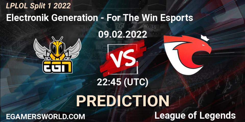 Electronik Generation vs For The Win Esports: Betting TIp, Match Prediction. 09.02.2022 at 22:30. LoL, LPLOL Split 1 2022