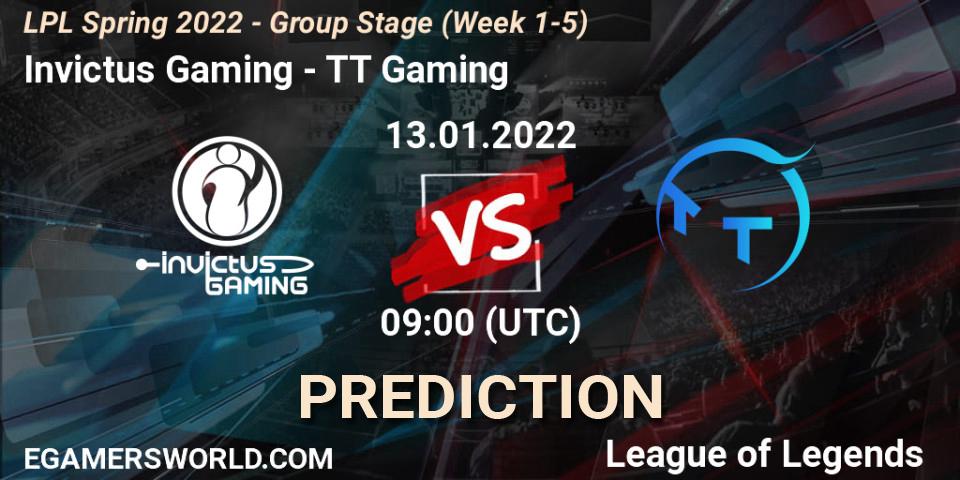 Invictus Gaming vs TT Gaming: Betting TIp, Match Prediction. 13.01.2022 at 09:00. LoL, LPL Spring 2022 - Group Stage (Week 1-5)