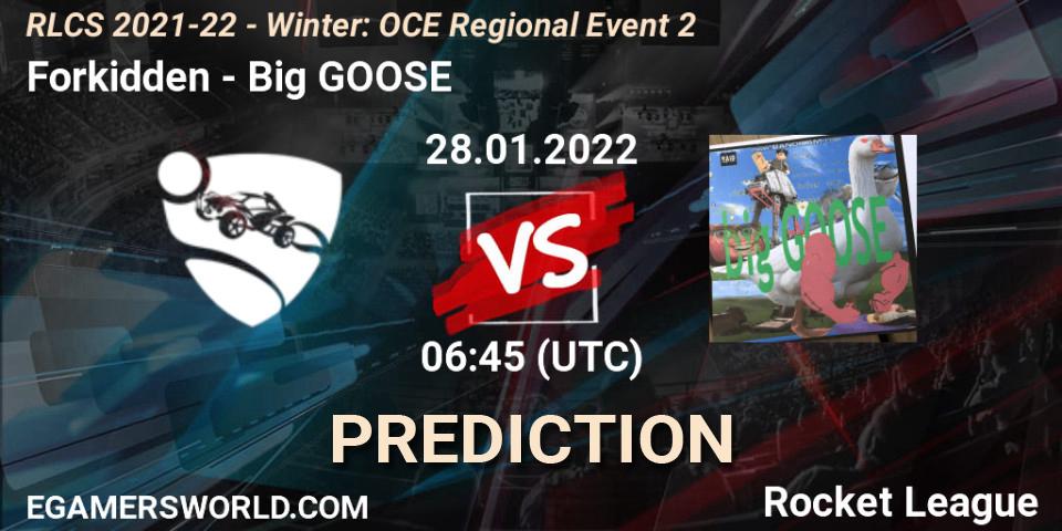 Forkidden vs Big GOOSE: Betting TIp, Match Prediction. 28.01.2022 at 06:45. Rocket League, RLCS 2021-22 - Winter: OCE Regional Event 2