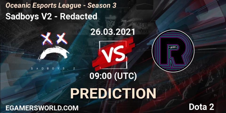 Sadboys V2 vs Redacted: Betting TIp, Match Prediction. 27.03.2021 at 09:16. Dota 2, Oceanic Esports League - Season 3
