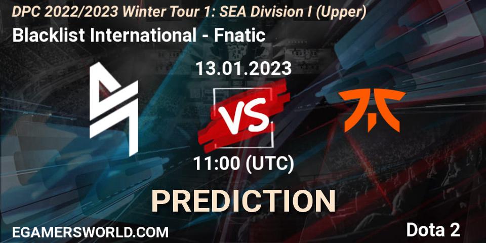 Blacklist International vs Fnatic: Betting TIp, Match Prediction. 13.01.2023 at 13:17. Dota 2, DPC 2022/2023 Winter Tour 1: SEA Division I (Upper)