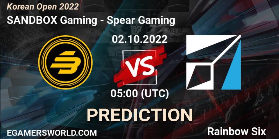 SANDBOX Gaming vs Spear Gaming: Betting TIp, Match Prediction. 02.10.2022 at 05:00. Rainbow Six, Korean Open 2022