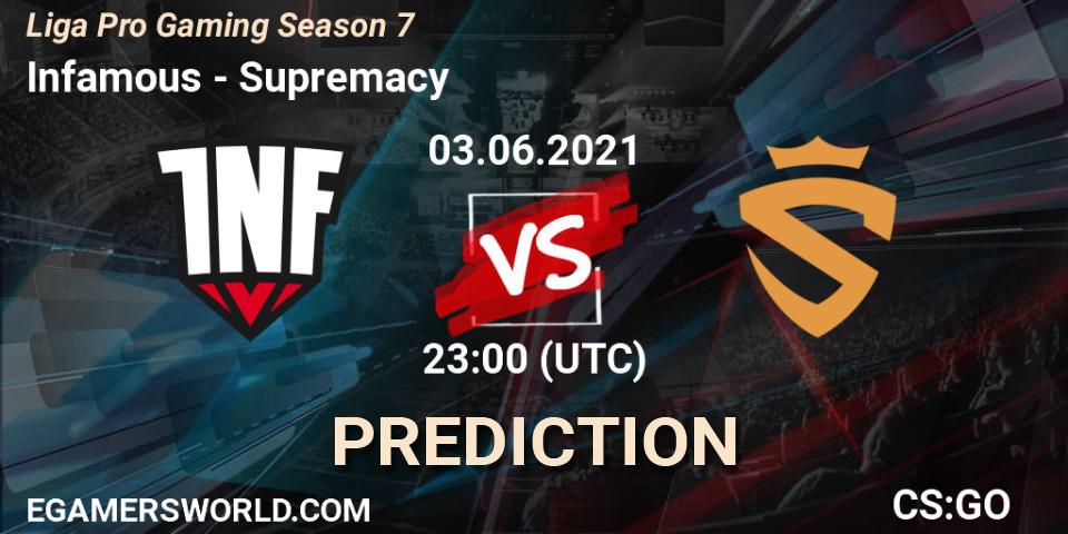 Infamous vs Supremacy: Betting TIp, Match Prediction. 03.06.2021 at 23:00. Counter-Strike (CS2), Liga Pro Gaming Season 7