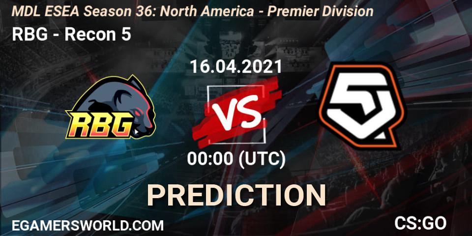 RBG vs Recon 5: Betting TIp, Match Prediction. 16.04.2021 at 00:00. Counter-Strike (CS2), MDL ESEA Season 36: North America - Premier Division