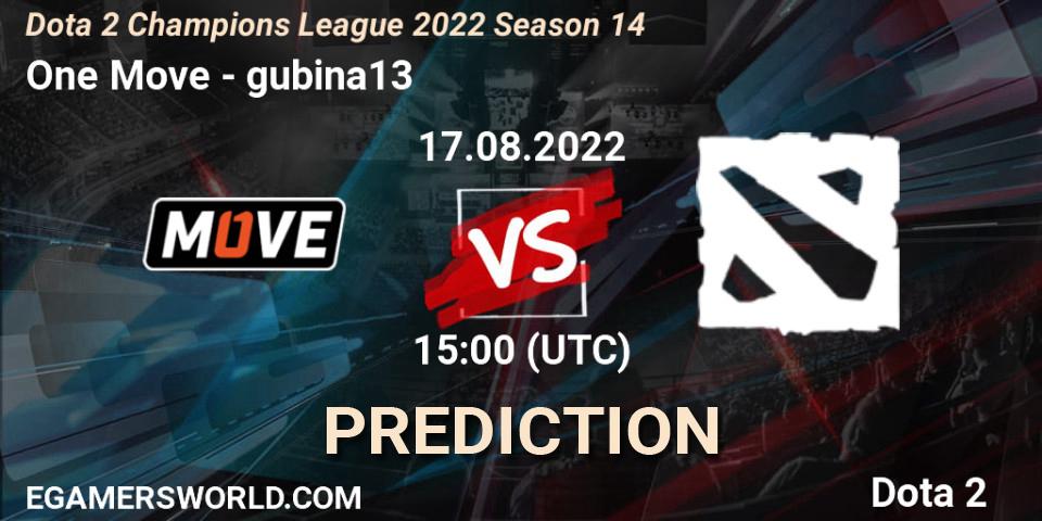 One Move vs gubina13: Betting TIp, Match Prediction. 17.08.2022 at 15:04. Dota 2, Dota 2 Champions League 2022 Season 14