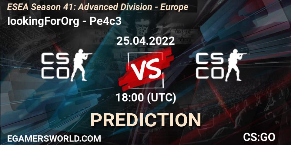 IookingForOrg vs Pe4c3: Betting TIp, Match Prediction. 25.04.2022 at 18:00. Counter-Strike (CS2), ESEA Season 41: Advanced Division - Europe
