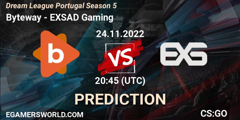 Byteway vs EXSAD Gaming: Betting TIp, Match Prediction. 24.11.2022 at 20:45. Counter-Strike (CS2), Dream League Portugal Season 5
