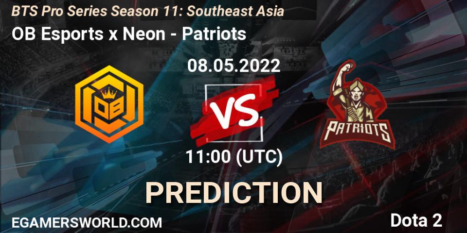 OB Esports x Neon vs Patriots: Betting TIp, Match Prediction. 08.05.2022 at 11:18. Dota 2, BTS Pro Series Season 11: Southeast Asia