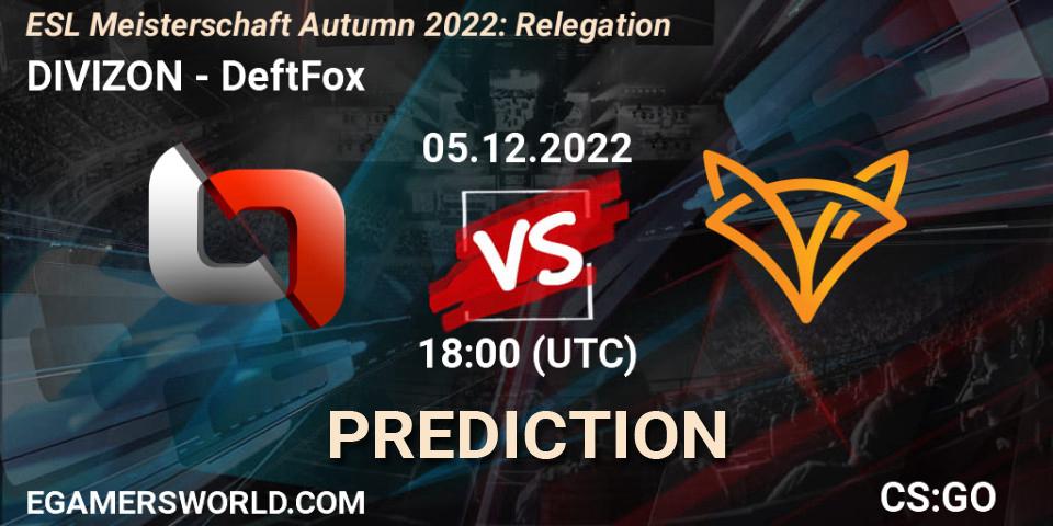 DIVIZON vs DeftFox: Betting TIp, Match Prediction. 05.12.2022 at 18:00. Counter-Strike (CS2), ESL Meisterschaft Autumn 2022: Relegation