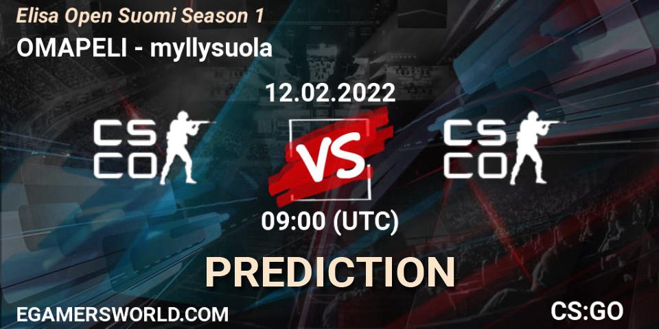 OMAPELI vs myllysuola: Betting TIp, Match Prediction. 12.02.2022 at 09:00. Counter-Strike (CS2), Elisa Open Suomi Season 1