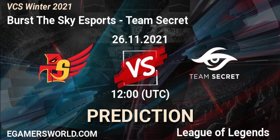 Burst The Sky Esports vs Team Secret: Betting TIp, Match Prediction. 26.11.2021 at 12:00. LoL, VCS Winter 2021