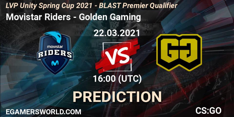 Movistar Riders vs Golden Gaming: Betting TIp, Match Prediction. 22.03.2021 at 16:00. Counter-Strike (CS2), LVP Unity Cup Spring 2021 - BLAST Premier Qualifier
