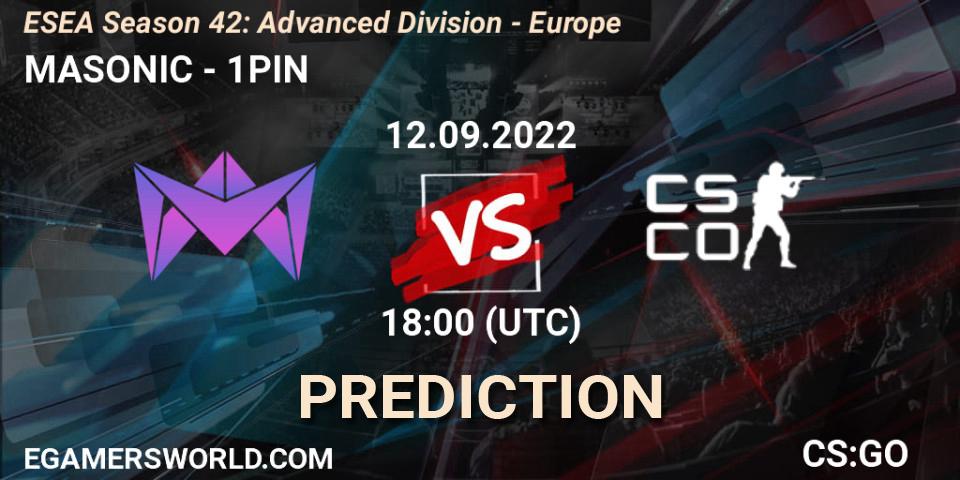 MASONIC vs 1PIN: Betting TIp, Match Prediction. 12.09.2022 at 18:00. Counter-Strike (CS2), ESEA Season 42: Advanced Division - Europe