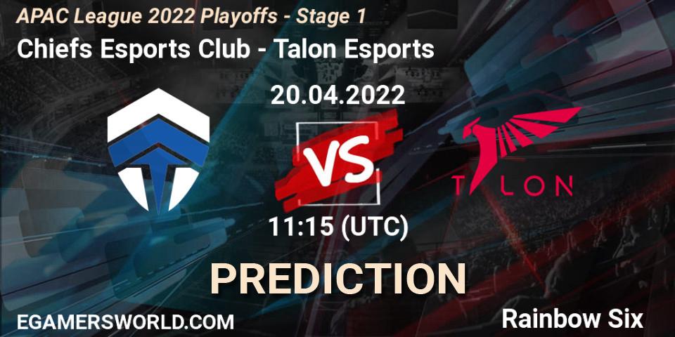 Chiefs Esports Club vs Talon Esports: Betting TIp, Match Prediction. 20.04.2022 at 11:15. Rainbow Six, APAC League 2022 Playoffs - Stage 1