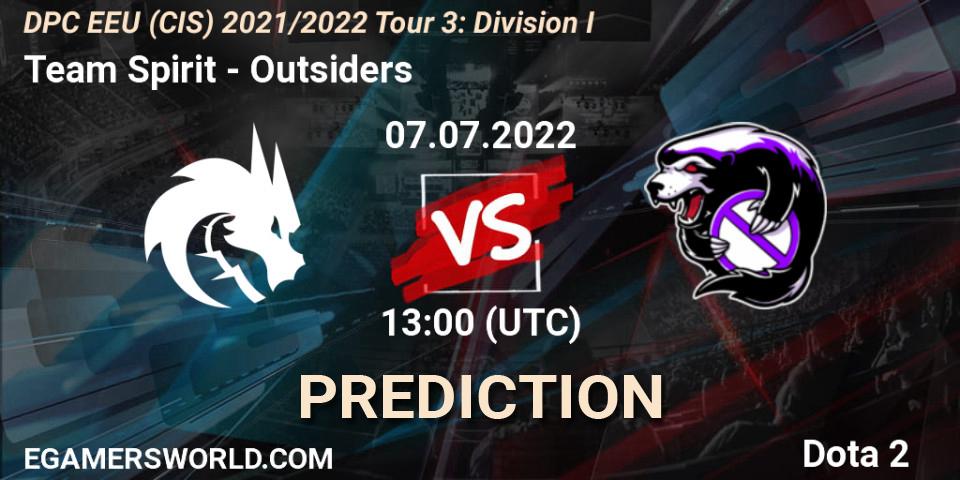 Team Spirit vs Outsiders: Betting TIp, Match Prediction. 07.07.2022 at 13:16. Dota 2, DPC EEU (CIS) 2021/2022 Tour 3: Division I