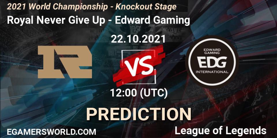 Royal Never Give Up vs Edward Gaming: Betting TIp, Match Prediction. 23.10.2021 at 12:00. LoL, 2021 World Championship - Knockout Stage